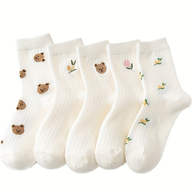5 Pairs Bear & Floral Pattern Crew Socks Women's Stockings