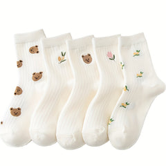 5 Pairs Bear & Floral Pattern Crew Socks Women's Stockings