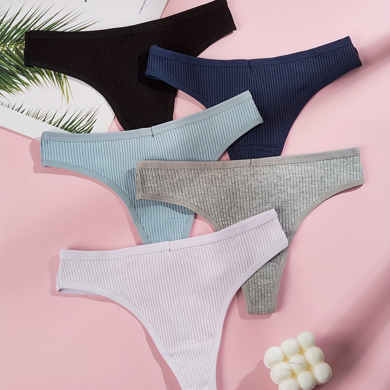 5pcs Solid Ribbed Thongs Comfy Stretchy Intimates Panties Women's Lingerie