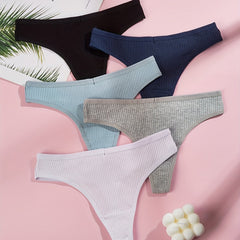 5pcs Solid Ribbed Thongs Comfy Stretchy Intimates Panties Women's Lingerie