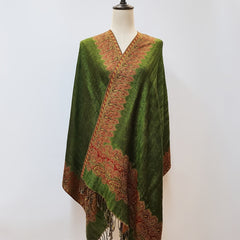 Large Tassel Scarf Grass Green Paisley Jacquard Vintage Shawl