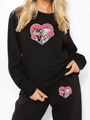 Cat & Heart Print Lounge Set Women's Plus Long Sleeve Pajamas 2 Piece