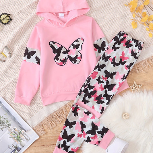 Butterfly Print Girl's 2pcs Hoodie & Sweatpants Set Kids Clothes Spring Fall