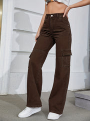 Solid Coffee Brown Cargo Jeans Side Flap Pocket High Rise Loose Denim Pants