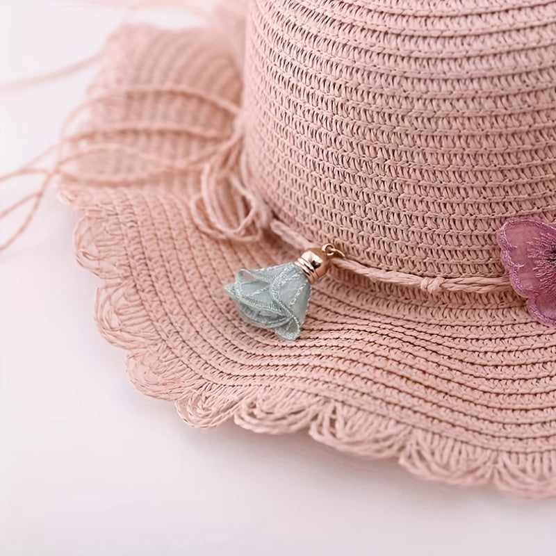 2pcs Girls Lace Trim Straw Hat Sun Hat & Zipper Straw Bag Set for Spring Summer
