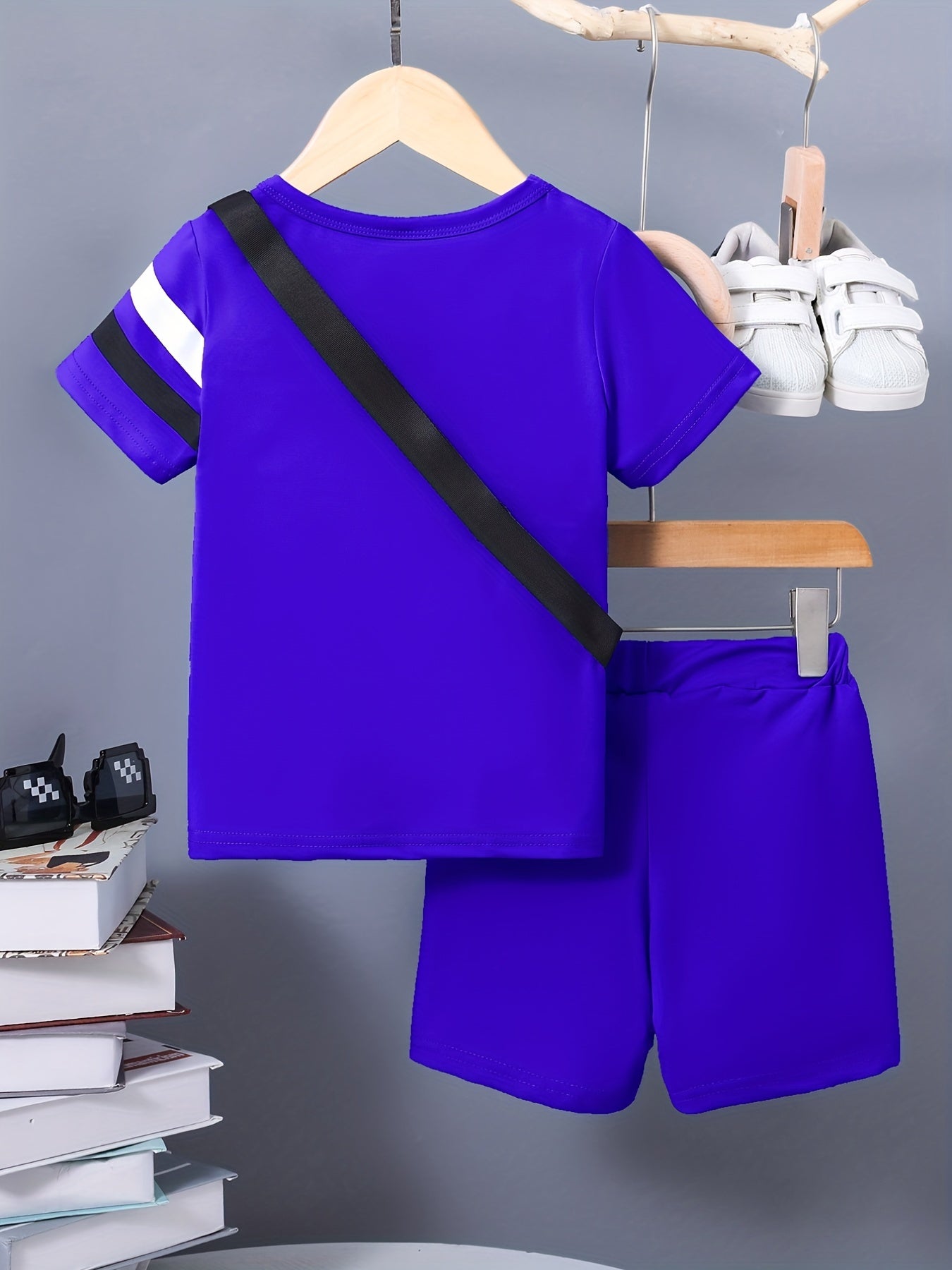 3pcs Boys Casual Stripe Short Sleeve T shirt&Shorts&Crossbody Bag Set