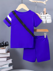 3pcs Boys Casual Stripe Short Sleeve T shirt&Shorts&Crossbody Bag Set