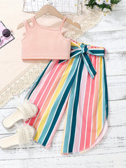 Girls Cutout Shoulder Tank Top and Striped Pants Set
