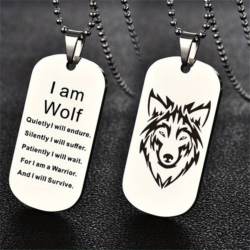 Stainless Steel Wolf Pendant Necklace for Boys 'I Am Wolf' with Chain