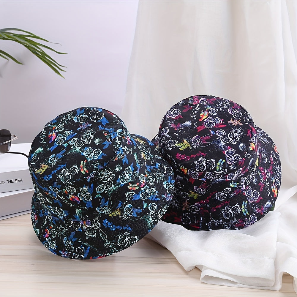 Rose Flower Animal Pattern Printing Fisherman Hat Outdoor Casual Double sided