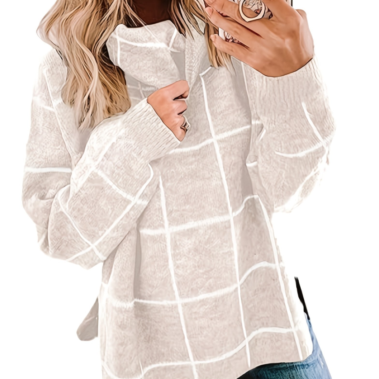 Grid Print Turtleneck Sweater Women's Long Sleeve Jumper