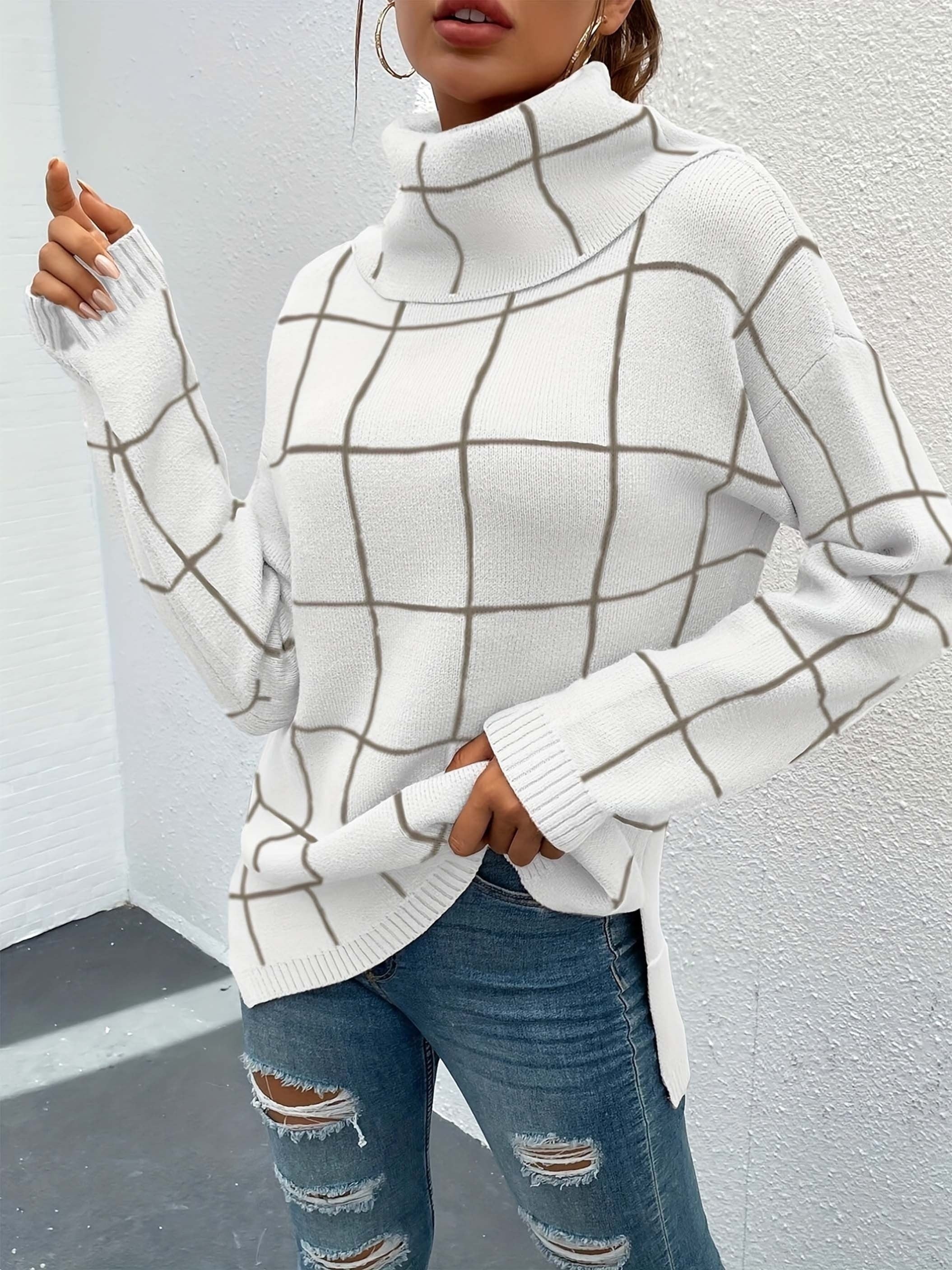 Plaid Turtleneck Knitted Pullover Top Long Sleeve Sweater