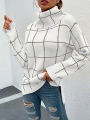 Plaid Turtleneck Knitted Pullover Top Long Sleeve Sweater