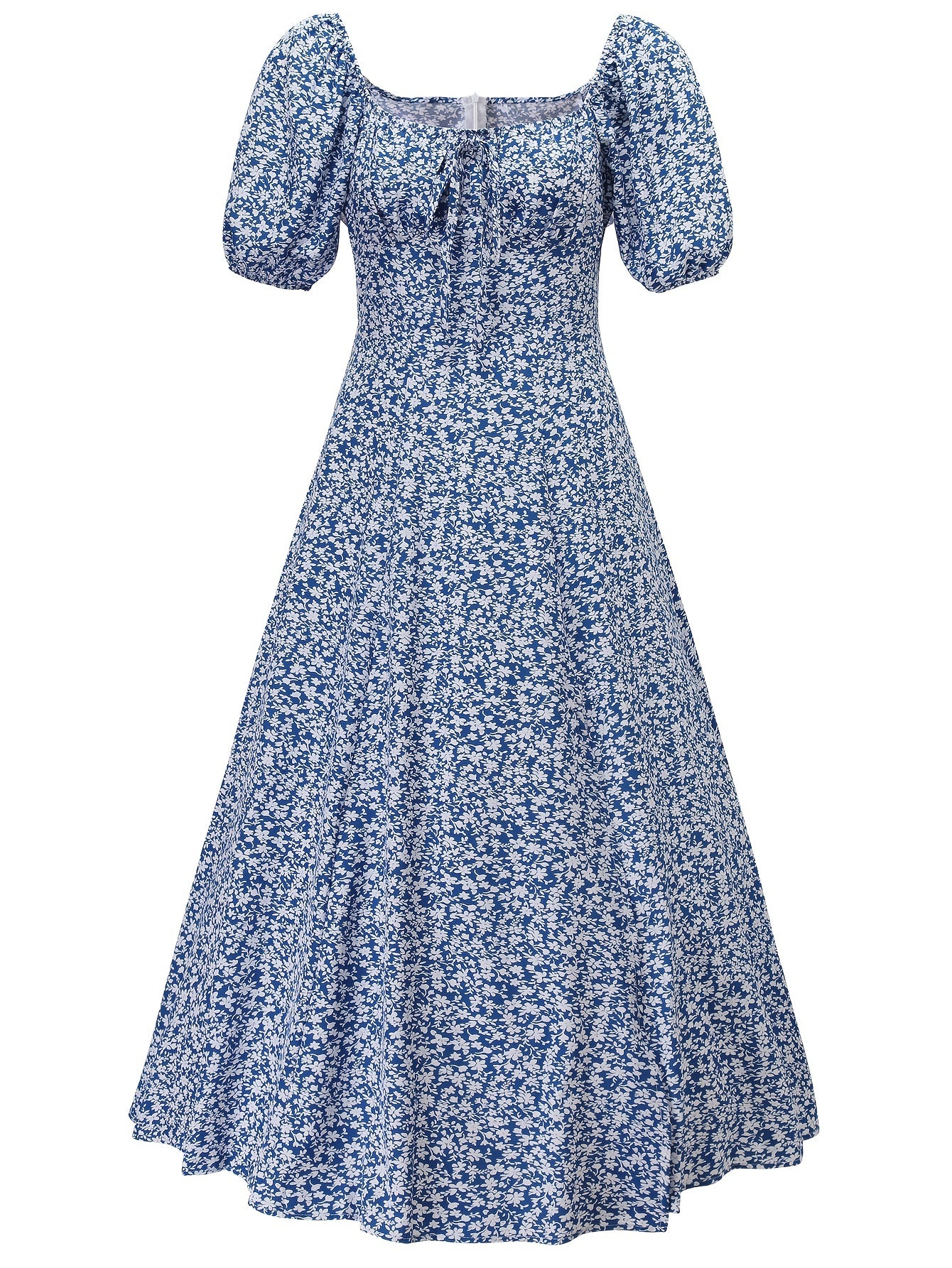 Floral Print Split Neck Puff Sleeve Dress