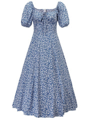 Floral Print Split Neck Puff Sleeve Dress
