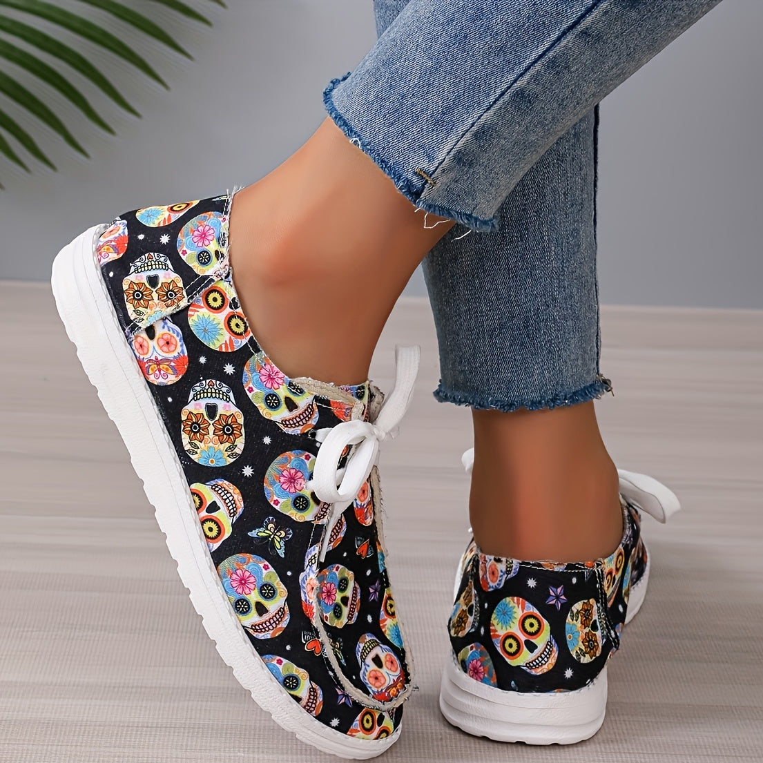 Women's Skull Loafers Slip-On Low Light Halloween Shoes