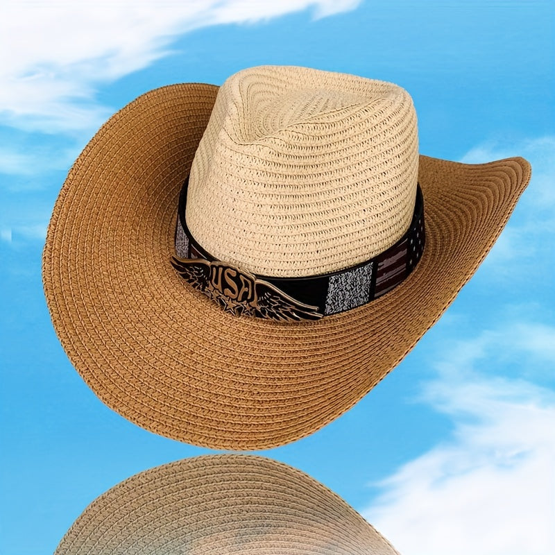Casual Two Tone Straw Hat With Small Wings Pentagram
