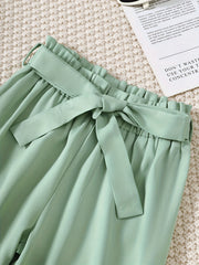 Girls Heart Print Ruffle Short Sleeve T shirt & Pants 2pcs Bow Belt