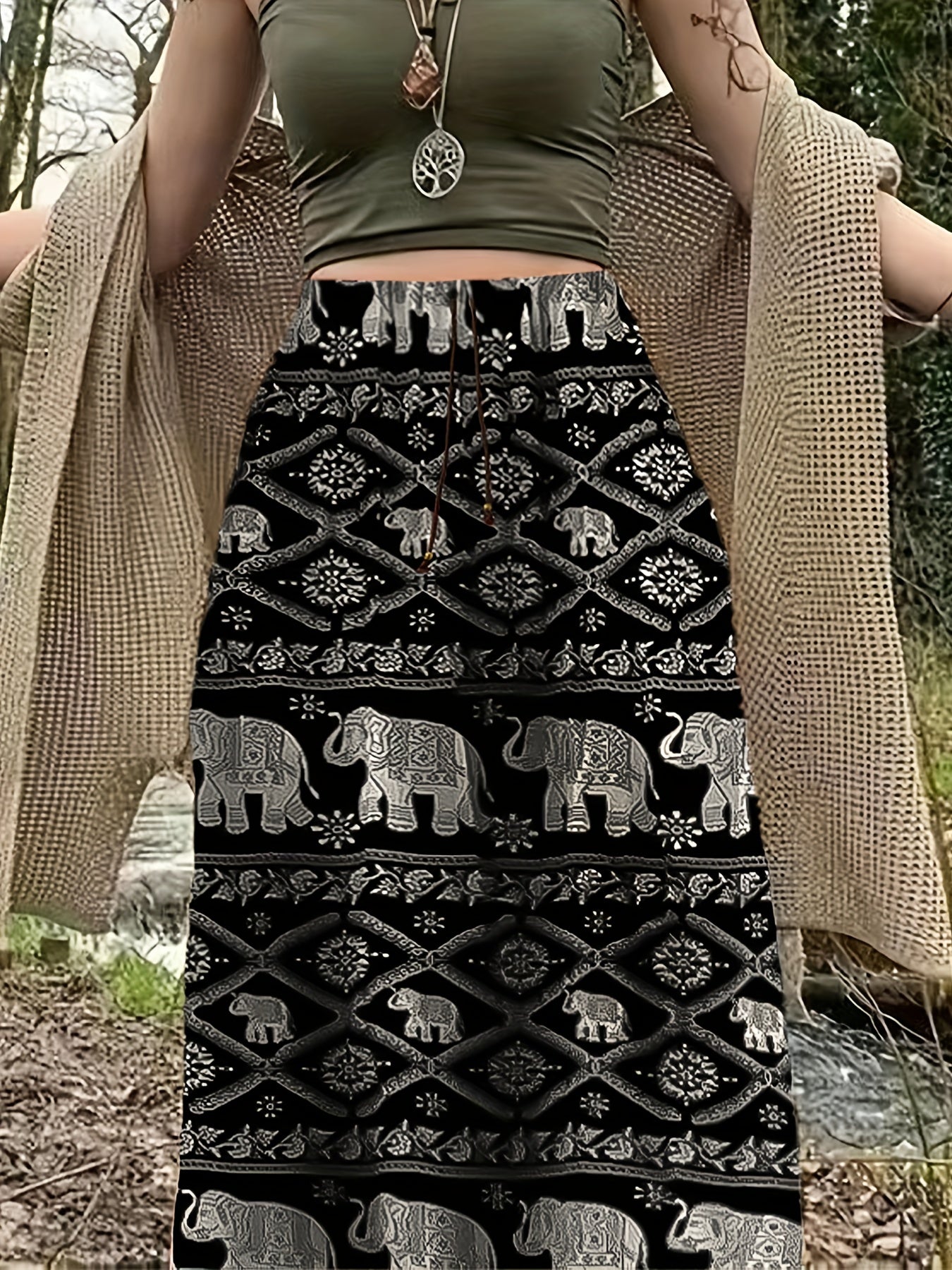 Hippie Patchwork Print Drawstring Skirt Boho Skirt Spring Summer Women's