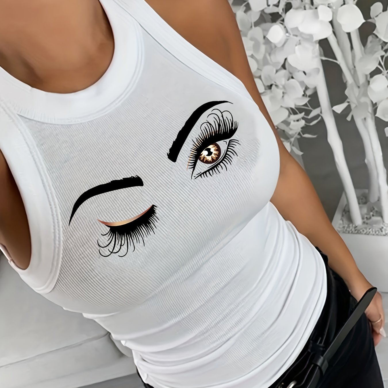 Eyes Print Tank Top Sexy Crew Neck Summer Sleeveless Top