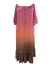 Colorblock Ombre Print Bell Sleeve Maxi Tie Dress