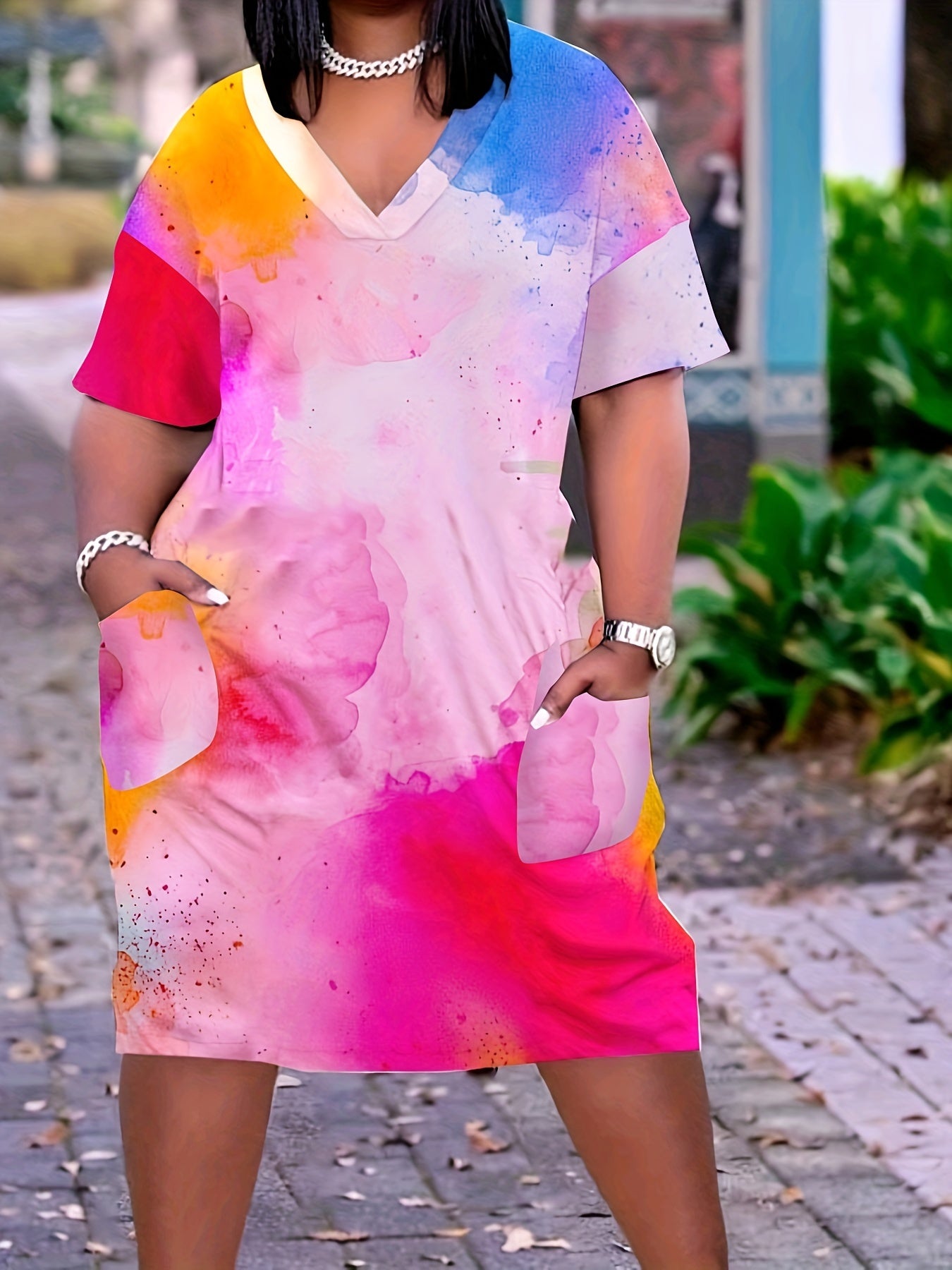 Women's Plus Tie Dye V Neck Midi Dress With Pockets