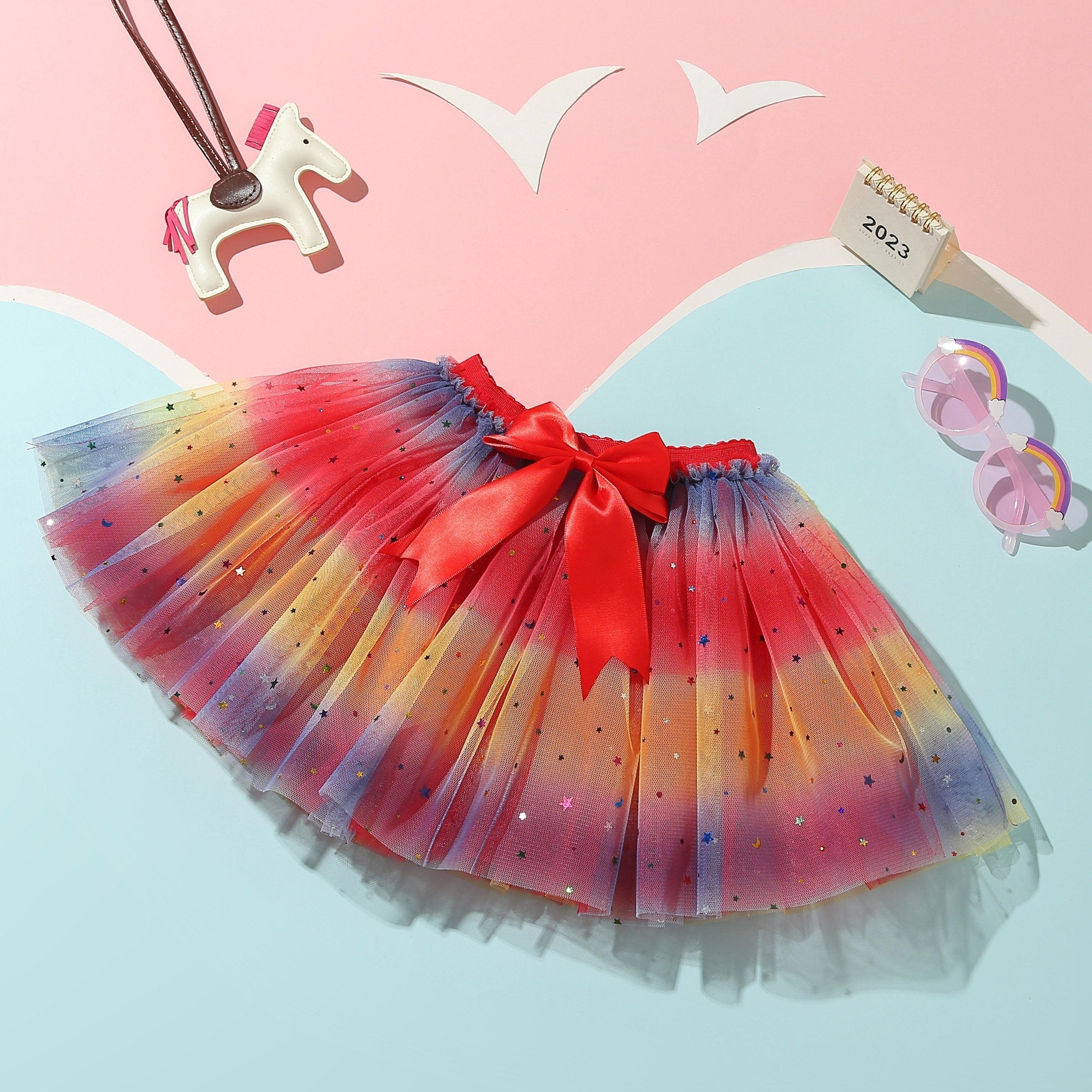 Sequin Stars Bow Front Mesh Tutu Skirt for Girls