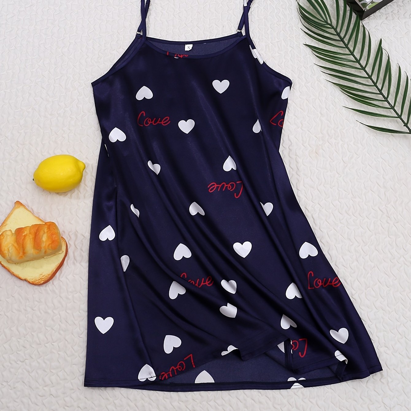 Heart Print NightDress Crew Neck Slip Pajama Dress Sleepwear