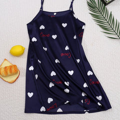 Heart Print NightDress Crew Neck Slip Pajama Dress Sleepwear