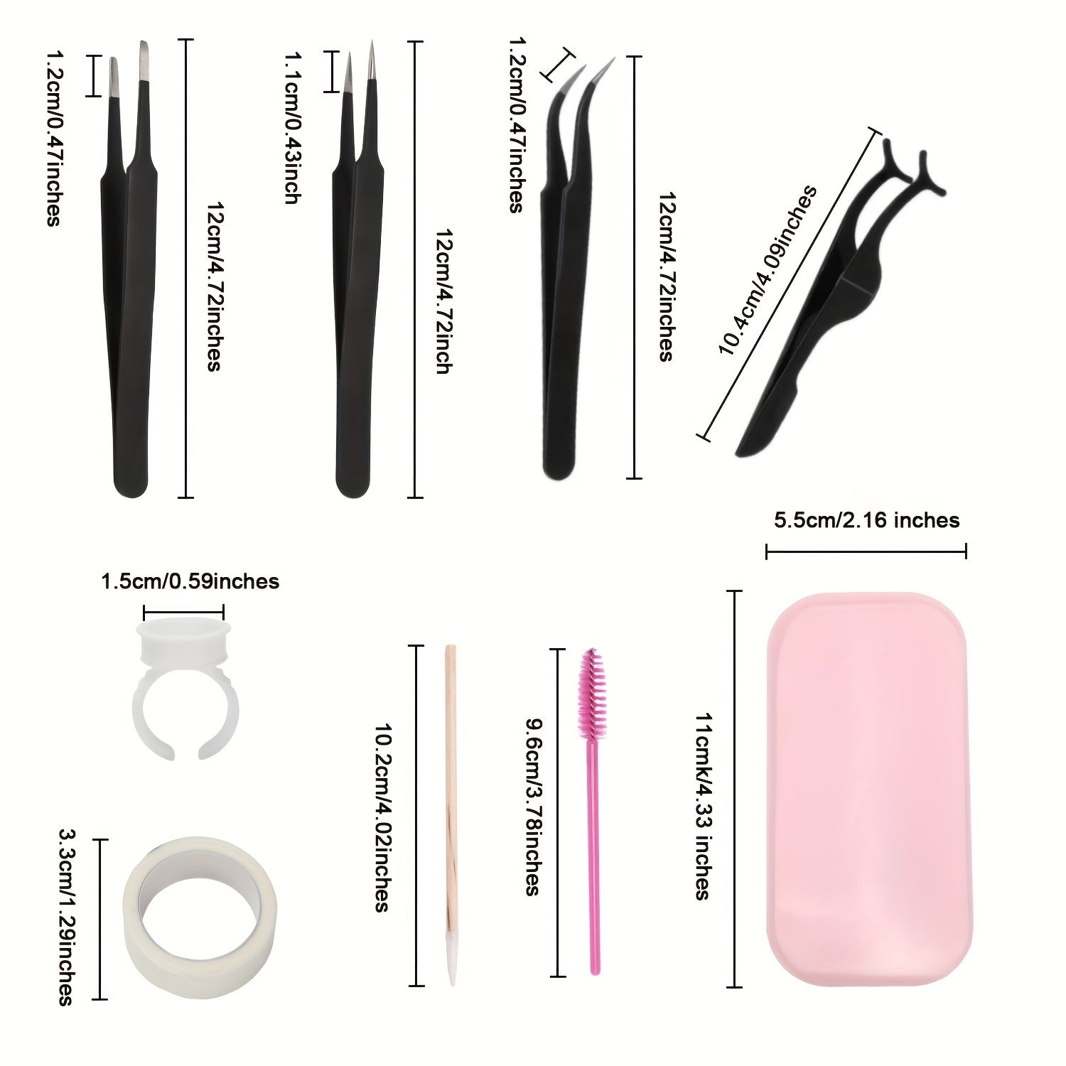 Eyelash Extension Kit with Tweezers Set, Mascara Brush & Swabs