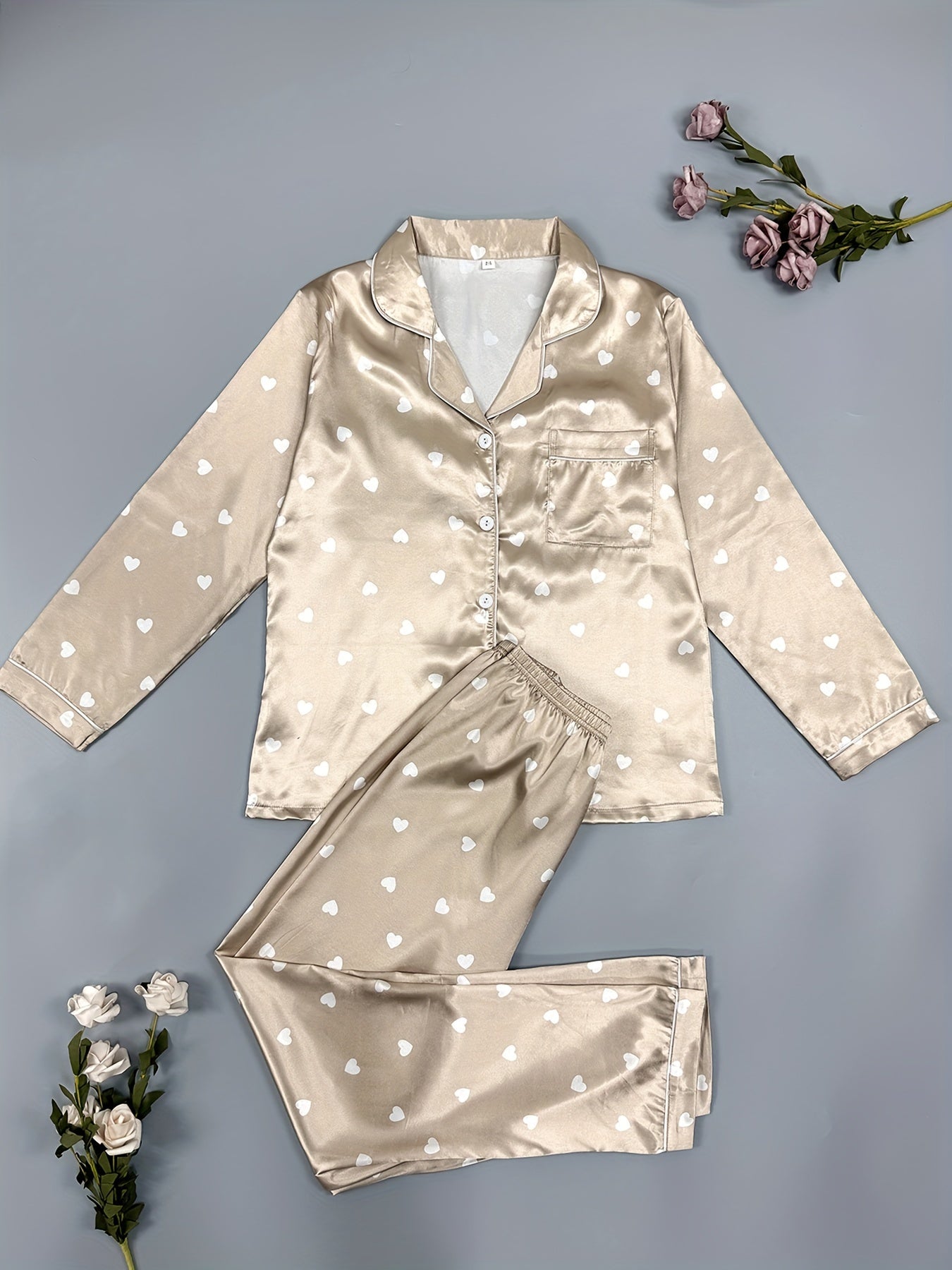 Heart Print Pajama Set Long Sleeve Buttons Top & Elastic Waistband Pants