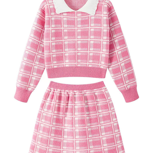 Girls Plaid Knit Sweater & Skirt Set - Autumn/Winter