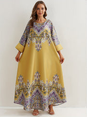 Floral Print Abaya Dress Women's Round Neck Loose Maxi Jalabiya