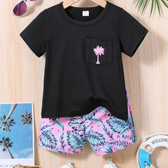 2pcs Baby Boys Coconut Trees & Leaf Print T shirt & Shorts Summer Clothes Sets