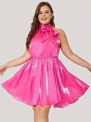 Plus Size Solid Halter Neck Organza Dress with Bow Knot Front
