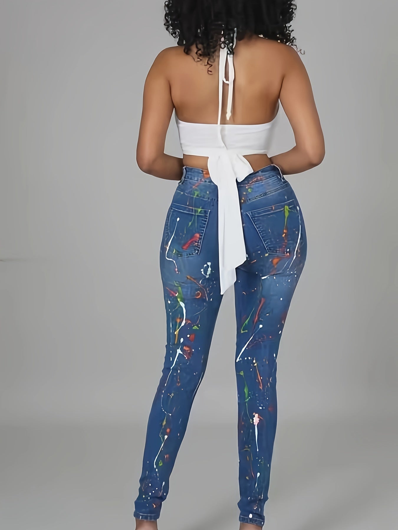 Women's Plus Graffiti Print Ripped Button Fly High Rise Skinny Jeans