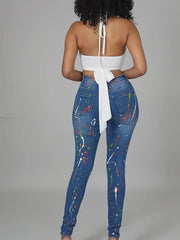 Women's Plus Graffiti Print Ripped Button Fly High Rise Skinny Jeans