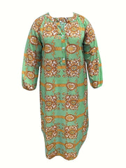 Boho Dress Women's Plus Graphic Print Lantern Sleeve Button Up Notched Neck