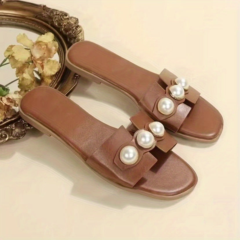 Women's Faux Pearl Flat Slippers Open Toe Non Slip Solid Slides Shoes