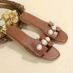 Women's Faux Pearl Flat Slippers Open Toe Non Slip Solid Slides Shoes