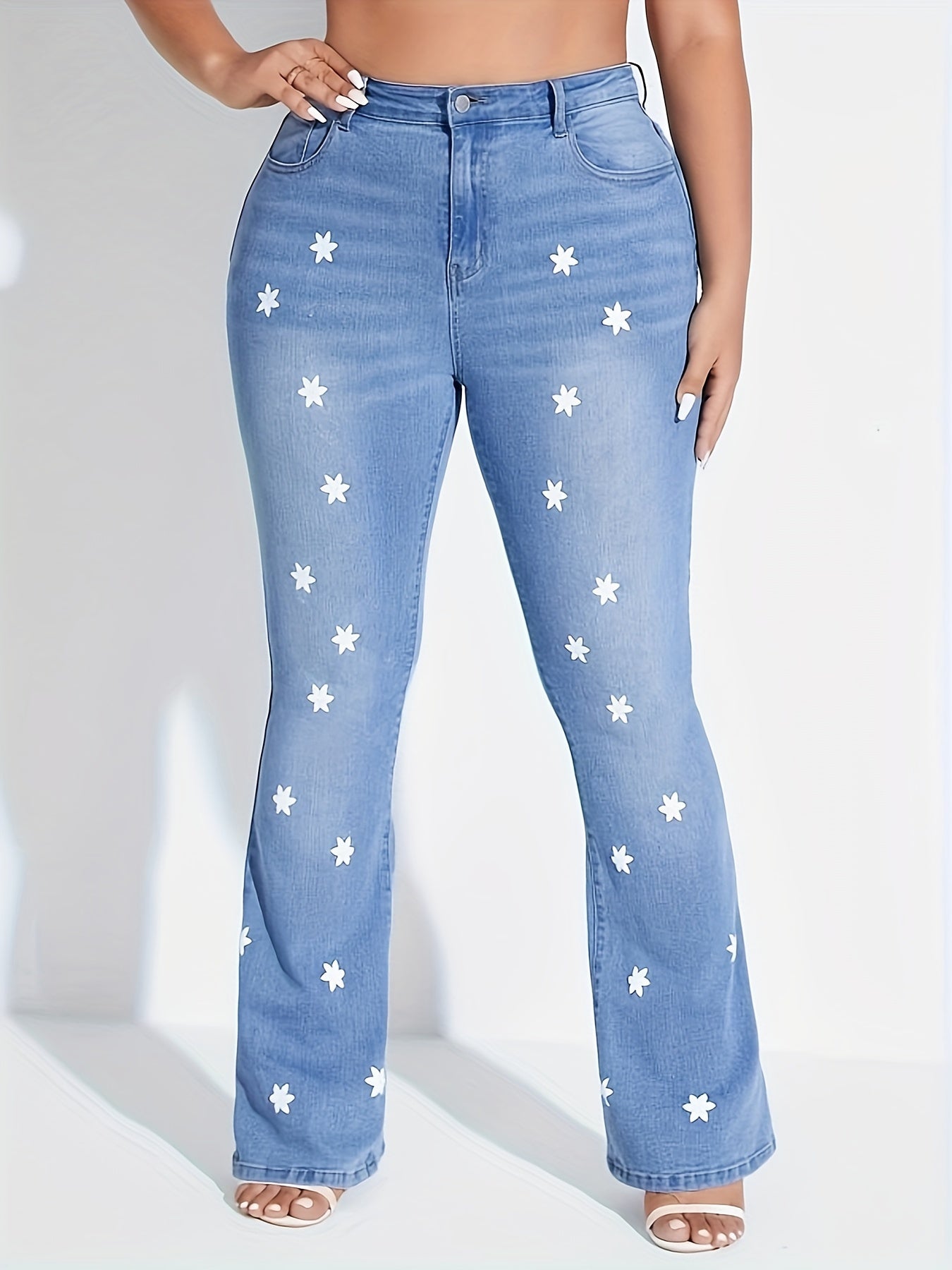 Star Print Button Fly High Rise Skinny Flared Jeans