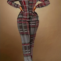 Plaid Print 2 Piece Set Zipper Top & Pants