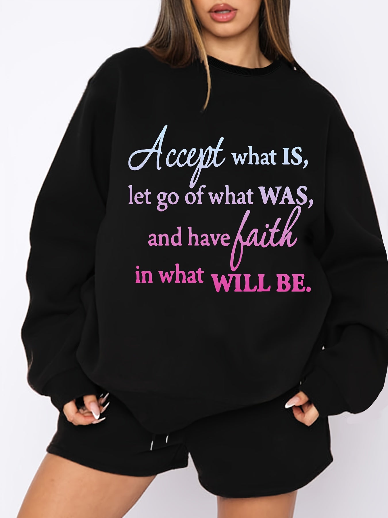 Women's Plus Slogan Print Fleece Liner Sweatshirt & Shorts Set