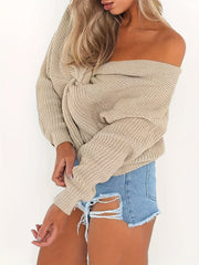 Casual Sweater Women's Plus Solid Twist Front V Neck Jumper