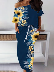 Women's Plus Floral Print One Shoulder Top & Skirt Set