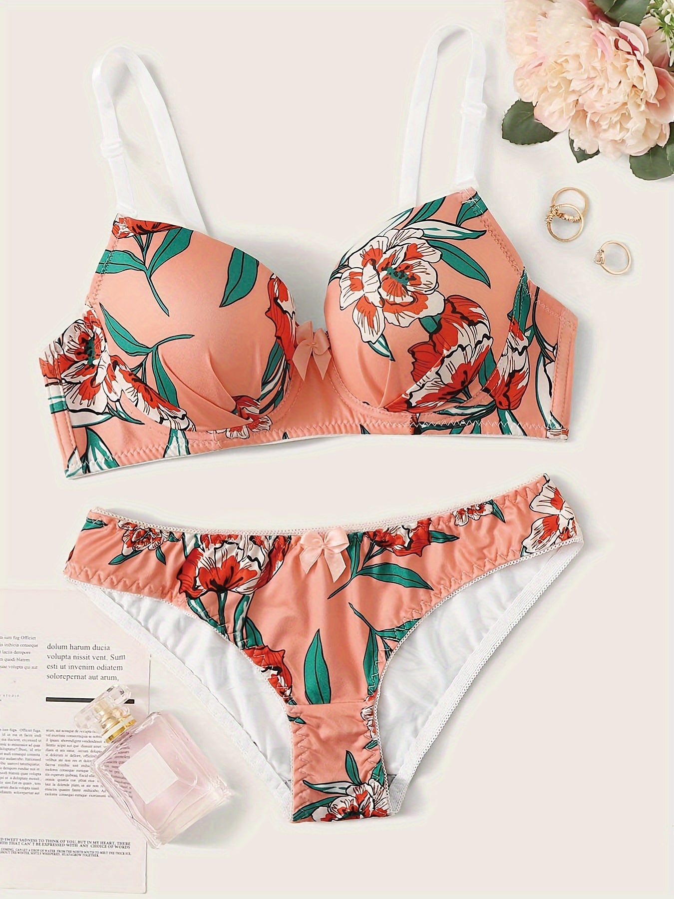 Floral Print Push Up Bra & Elastic Panties Set