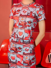 Graphic Print Two piece Set Crew Neck Short Sleeve Tops & Elastic Short Skirts