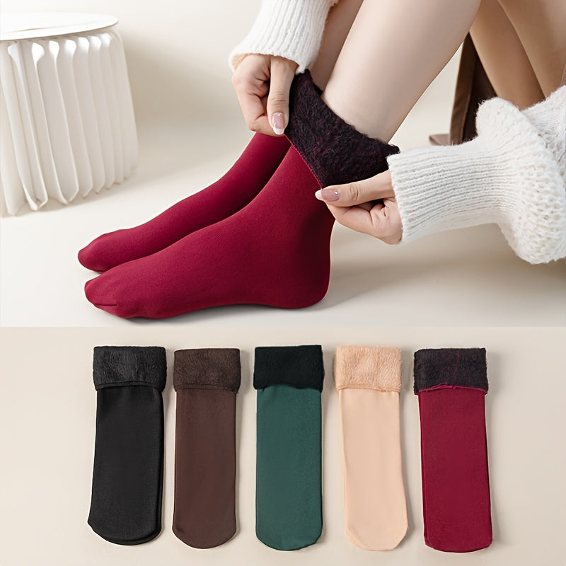 5 Pairs Plush Lined Socks Comfy & Warm Mid Tube Women's Stockings