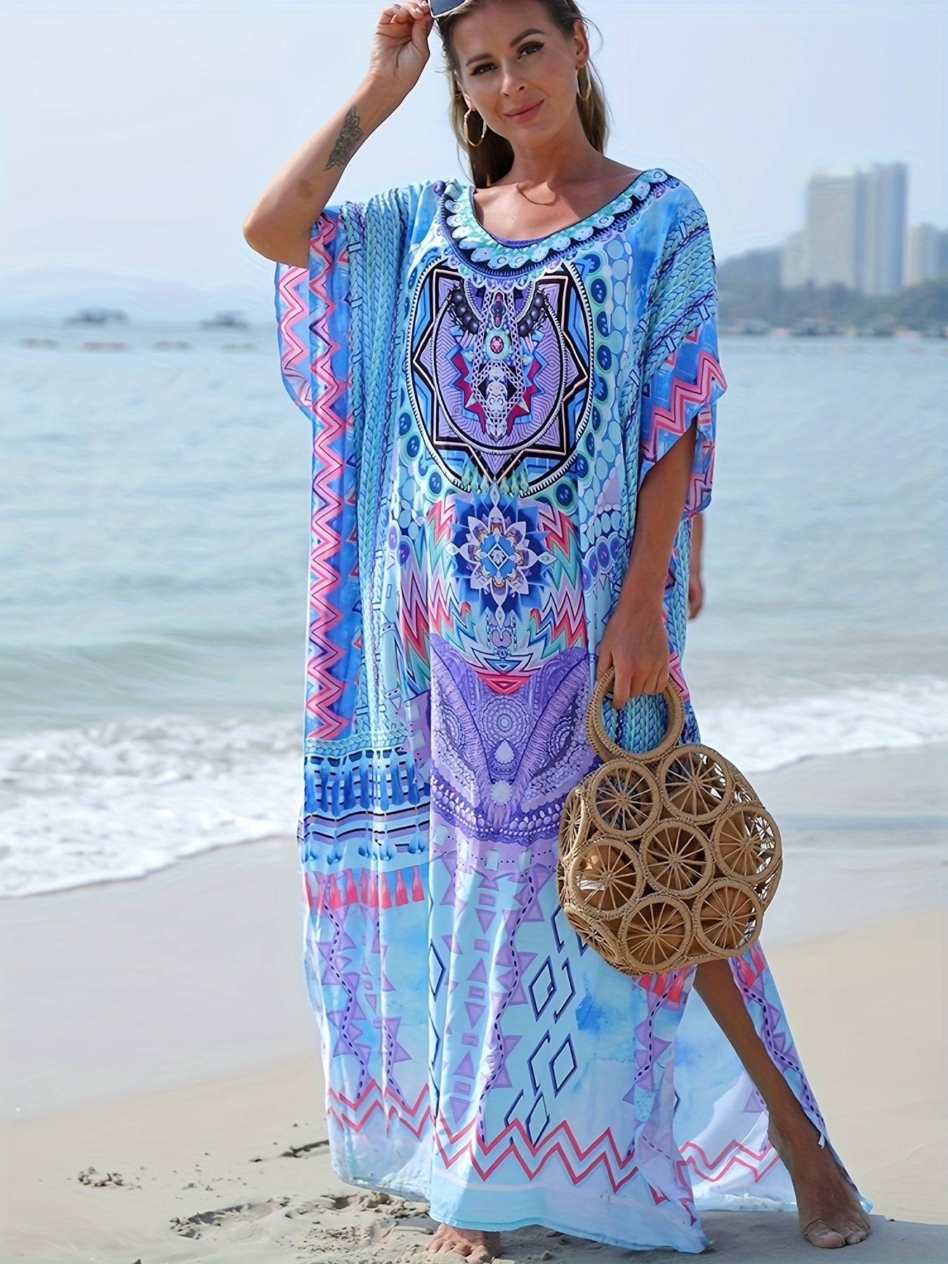 Boho Cover Up Women's Plus Geo Print Kaftan