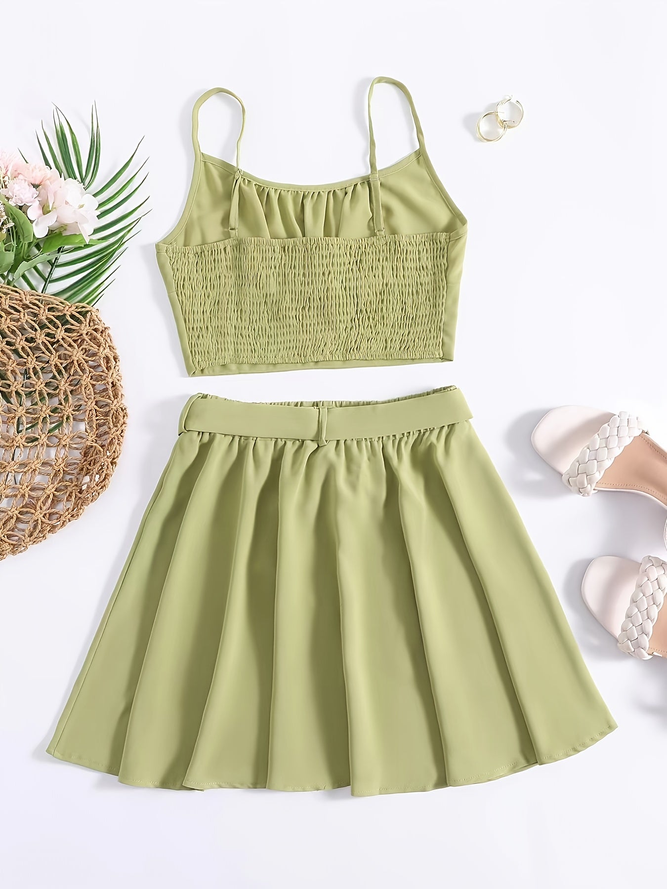 Sexy Block Skirt Two piece Set Pleated Crop Cami Tops